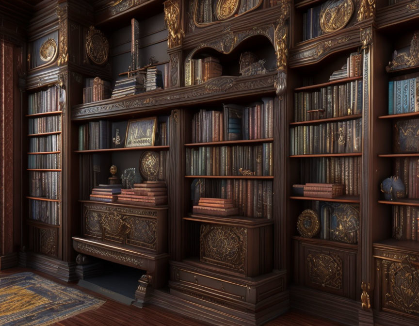 Ornate wooden shelves in grand classic library