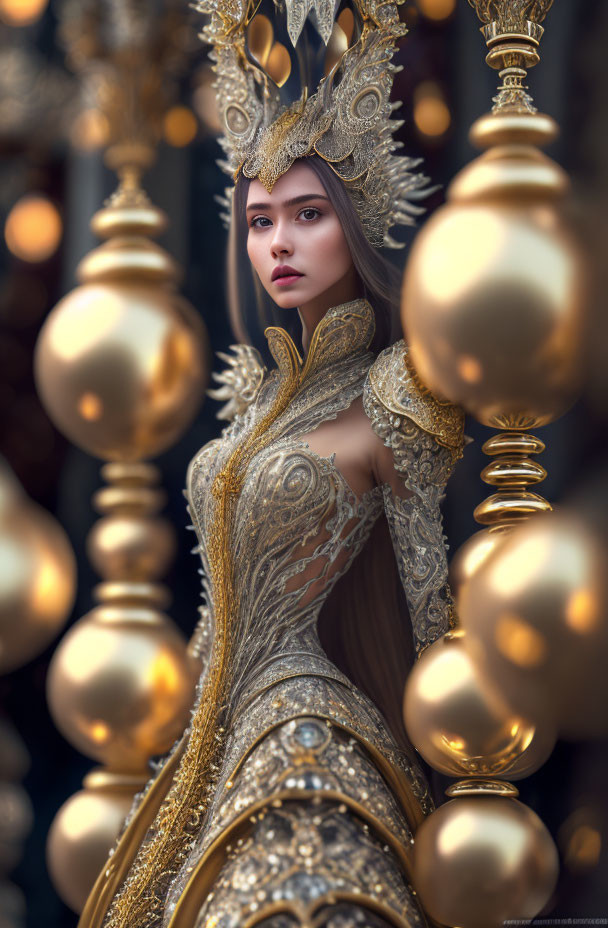 Regal woman in golden crown and gown with orbs