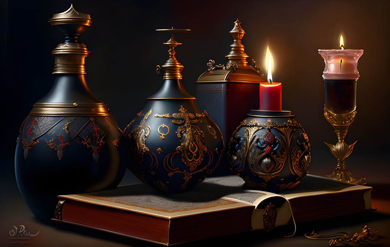 Ornate vessels, lit candle, open book on dark background: Antique luxury still-life.