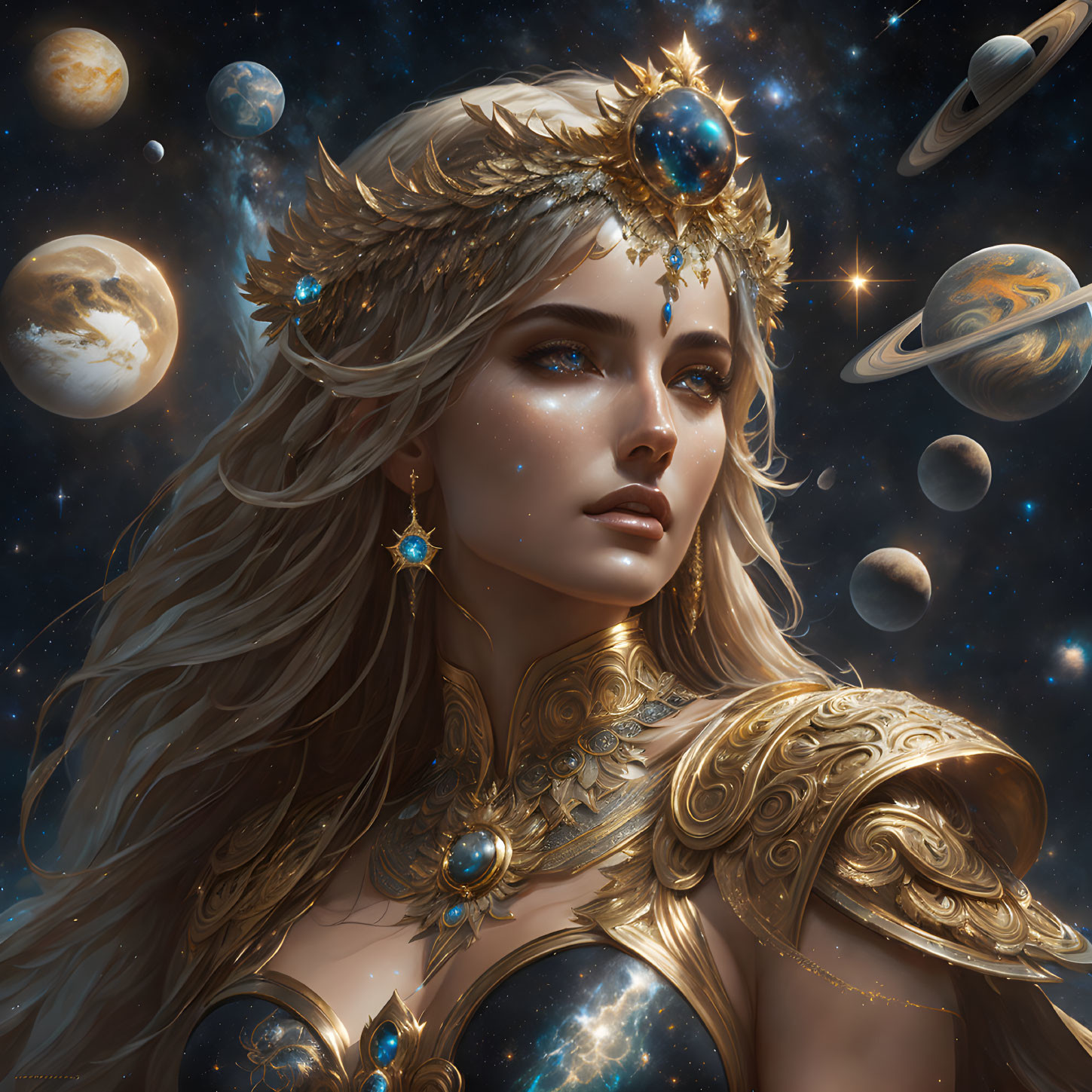 Golden-haired woman in celestial armor against starry backdrop