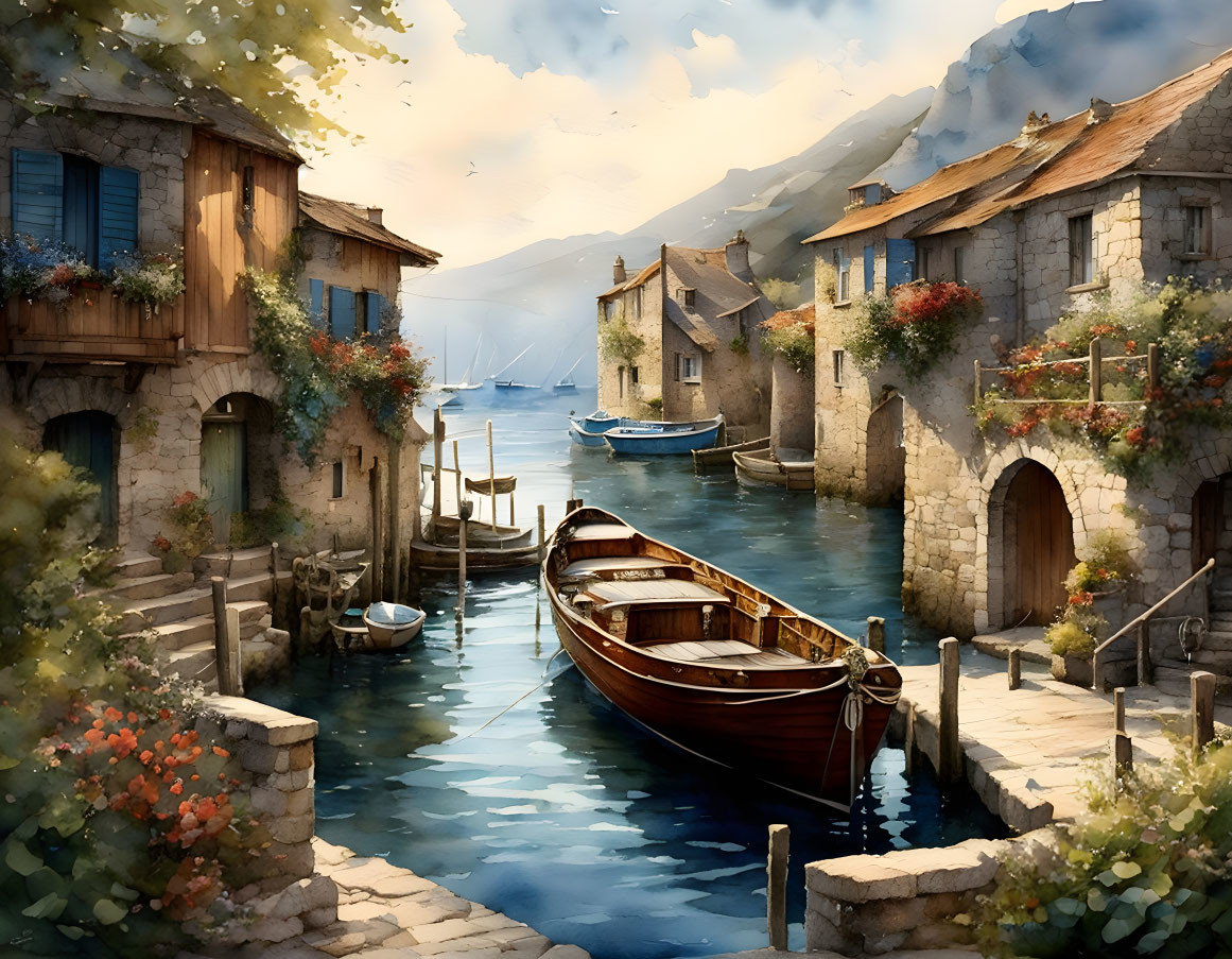 Tranquil coastal village painting with stone houses, boat, mountains, and hazy sky