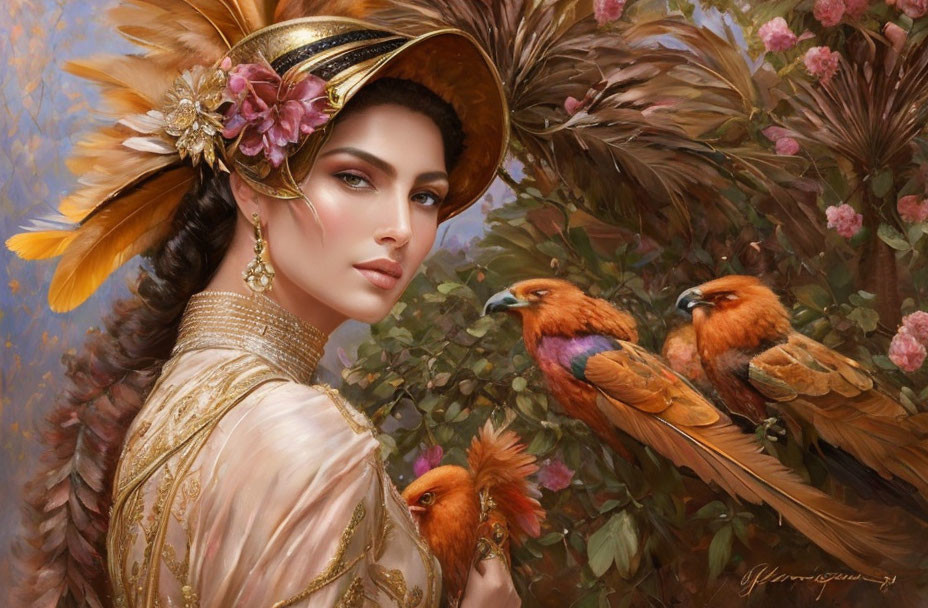 Decorated hat woman surrounded by birds and blossoms