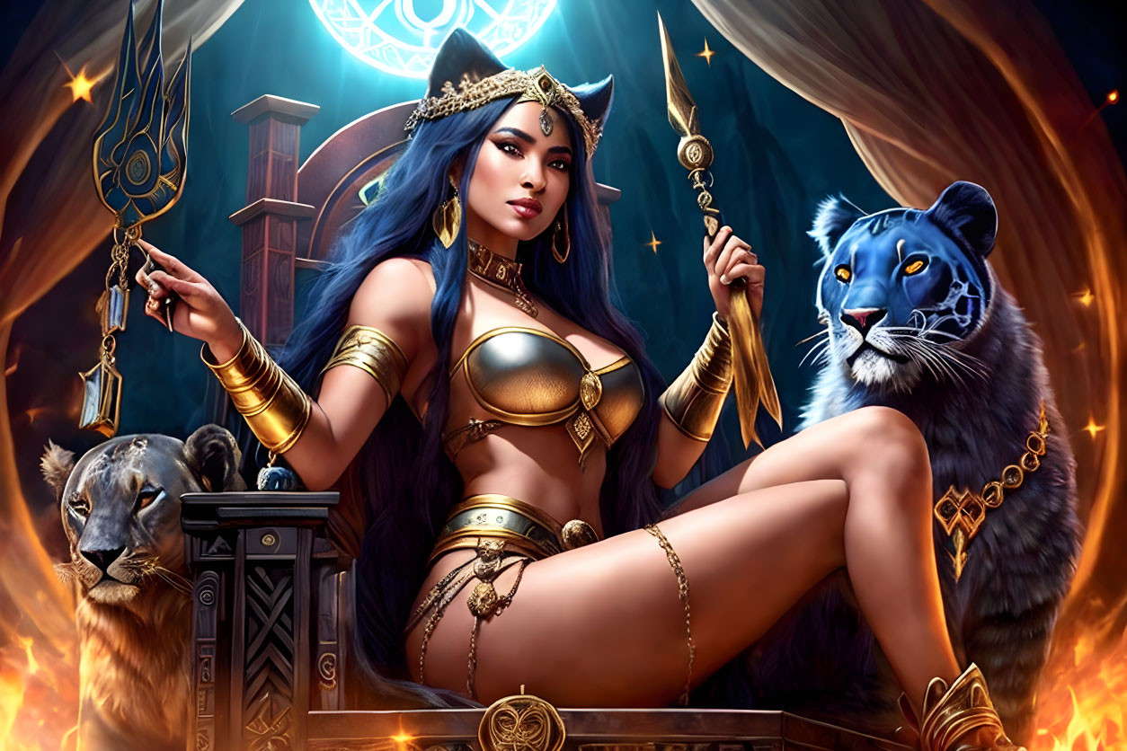 Blue-haired woman in golden armor with tiger beside lantern