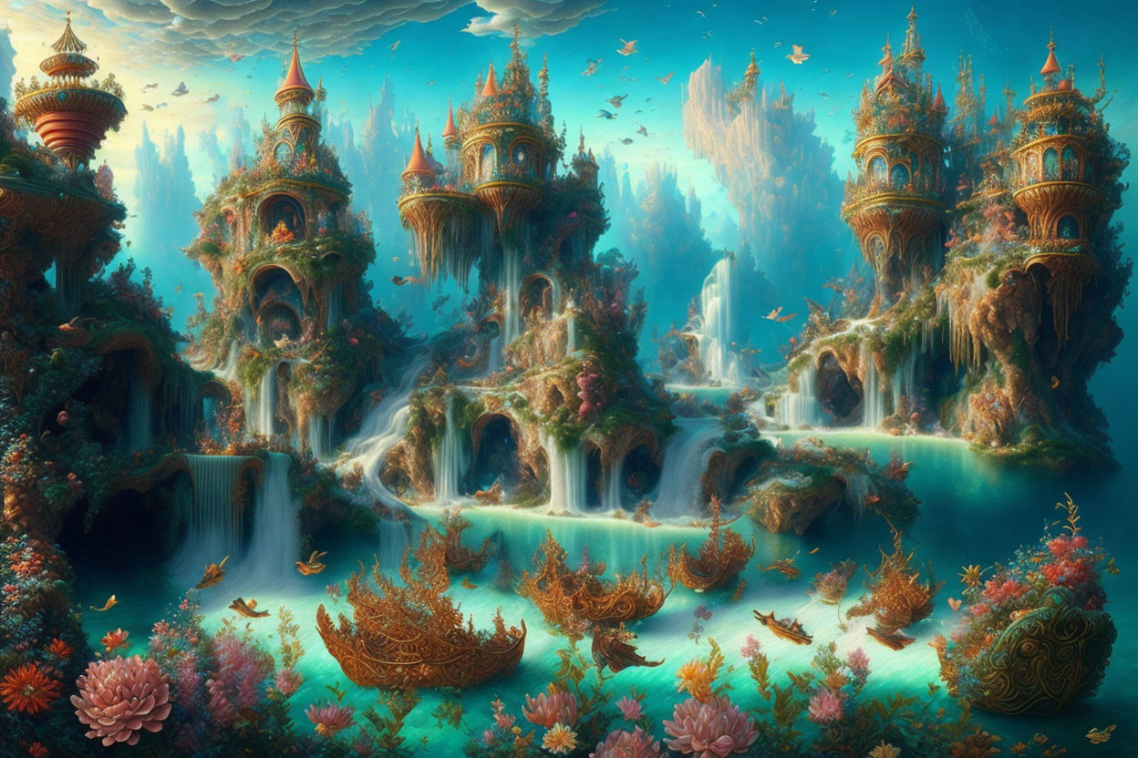 Magical waterfalls in fantastical landscape with ornate tree-like structures