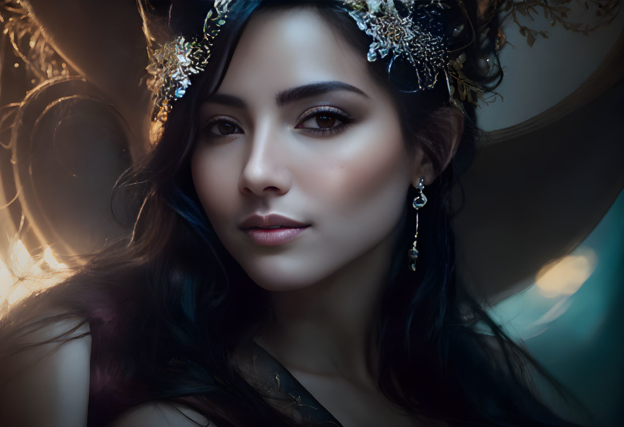 Portrait of woman with dark hair and headpiece in mystical lighting