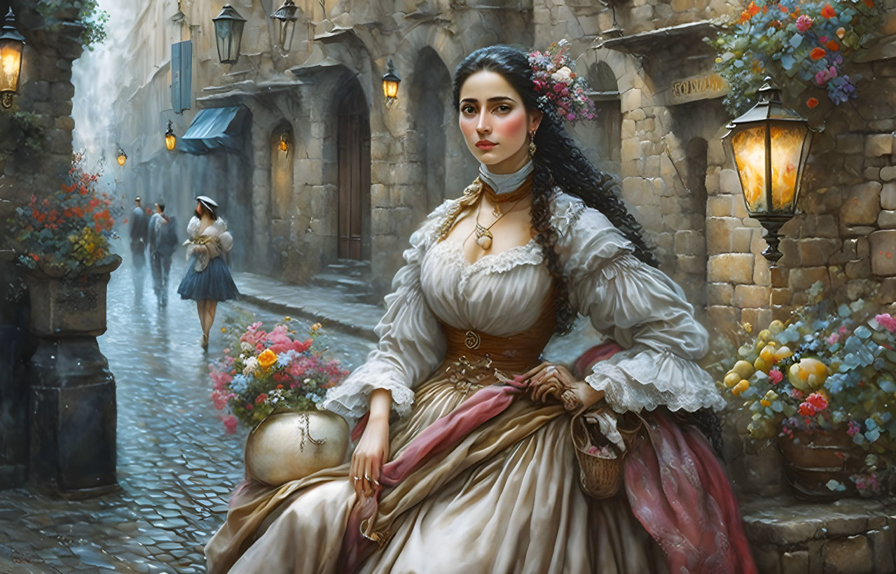 Historical woman with flowers in hair on lively, cobblestone street