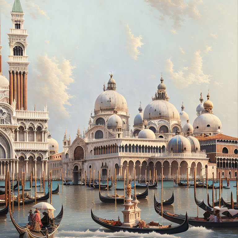 Venetian cityscape with domed buildings, gondolas, and classical architecture under cloudy sky