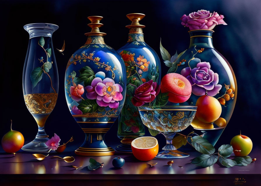 Ornate vases, vibrant fruits, and crystal glass in dark still life painting