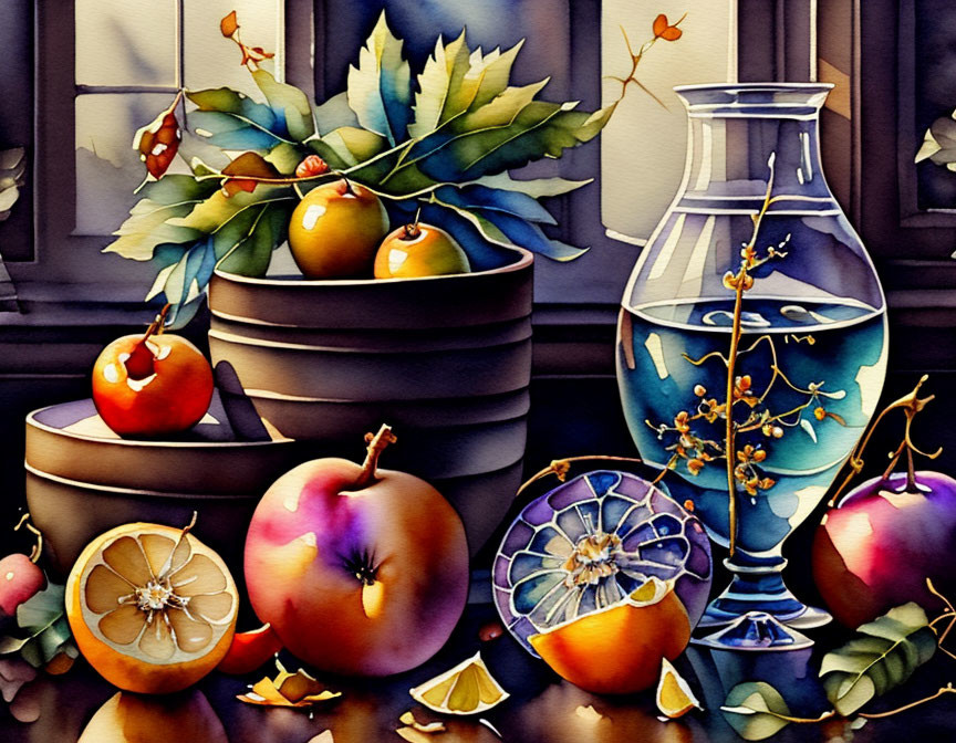 Vibrant still-life painting with fruits, glass, pottery, and foliage