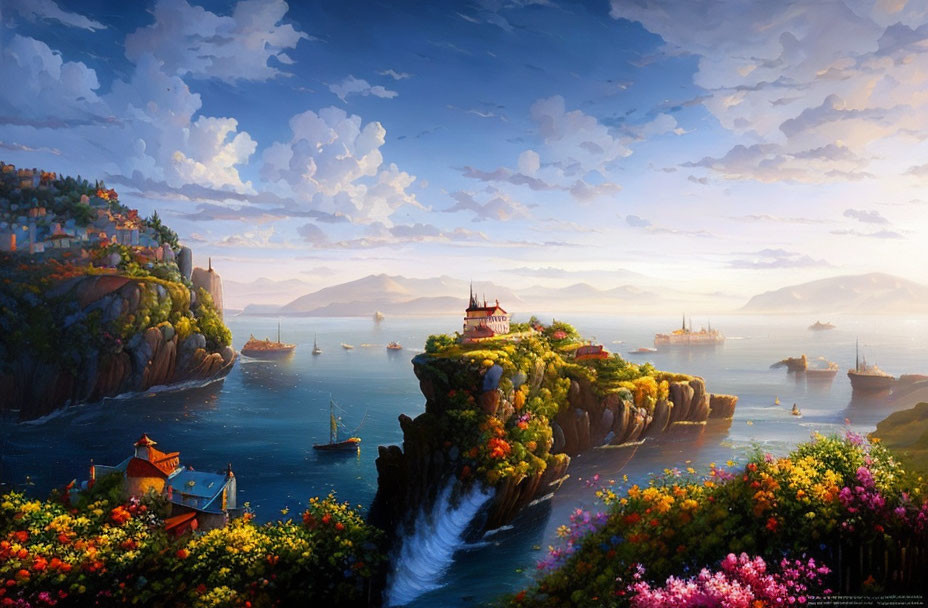 Tranquil coastal landscape with waterfall, vibrant flora, boats, and sunset sky