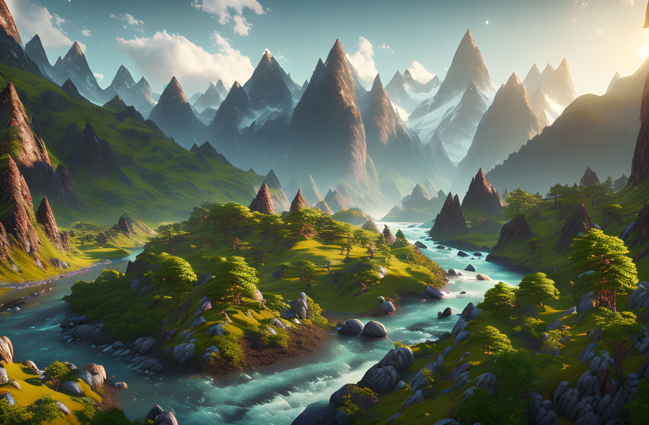 Digital landscape: Sharp mountain peaks, winding river, lush trees, illuminated valley