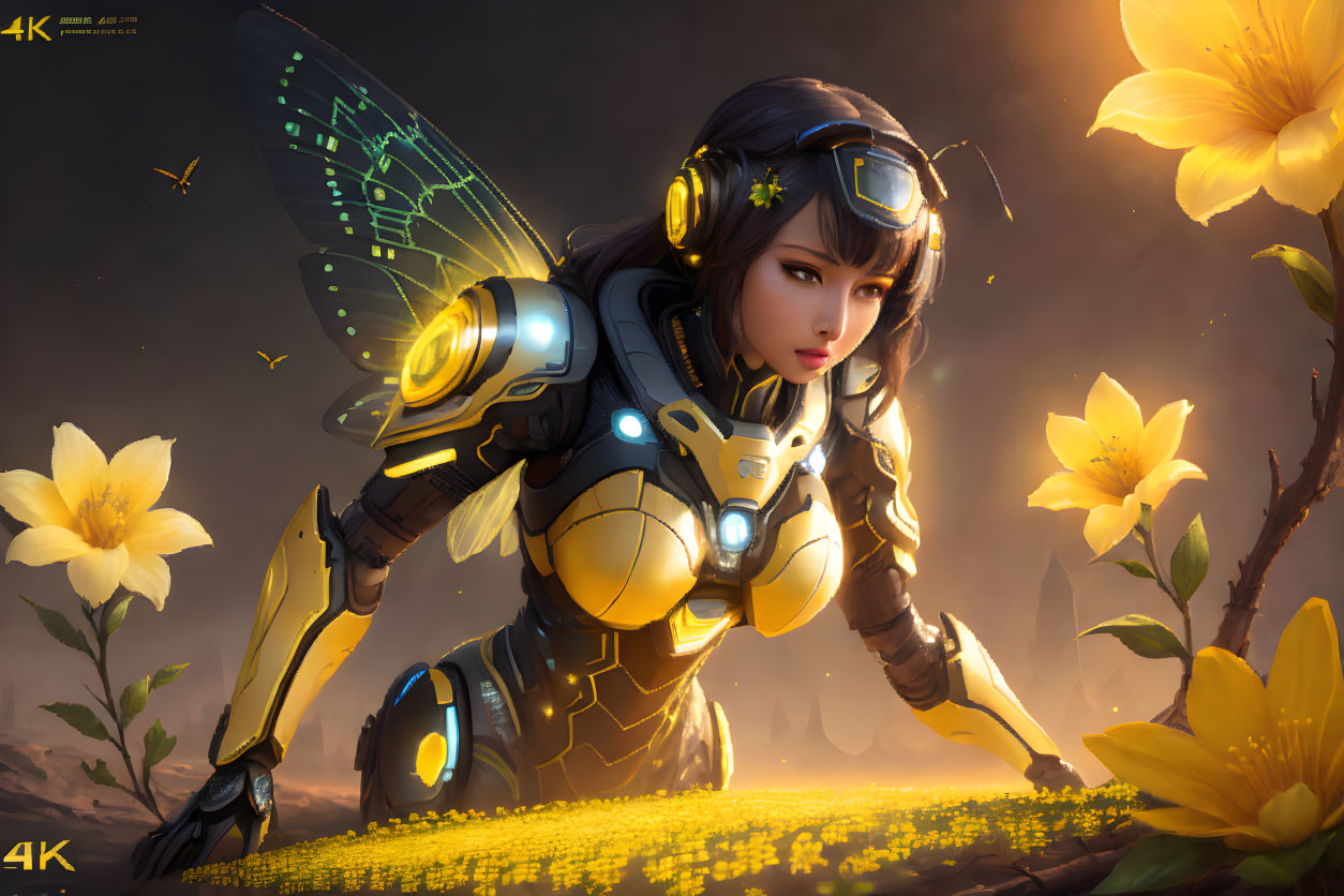 Digital artwork of female character in futuristic bee-themed armor among yellow flowers with glowing wings.