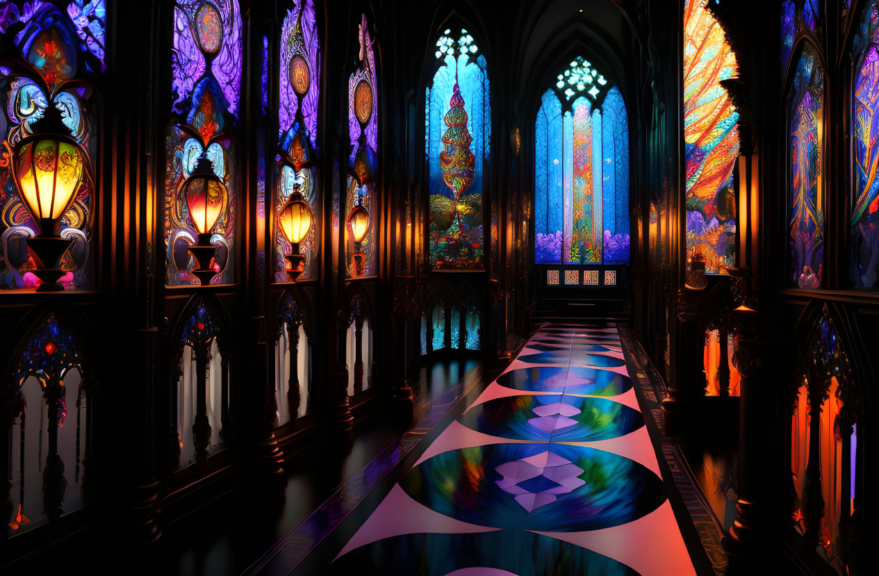 Colorful Stained Glass Windows Illuminate Ornate Hall