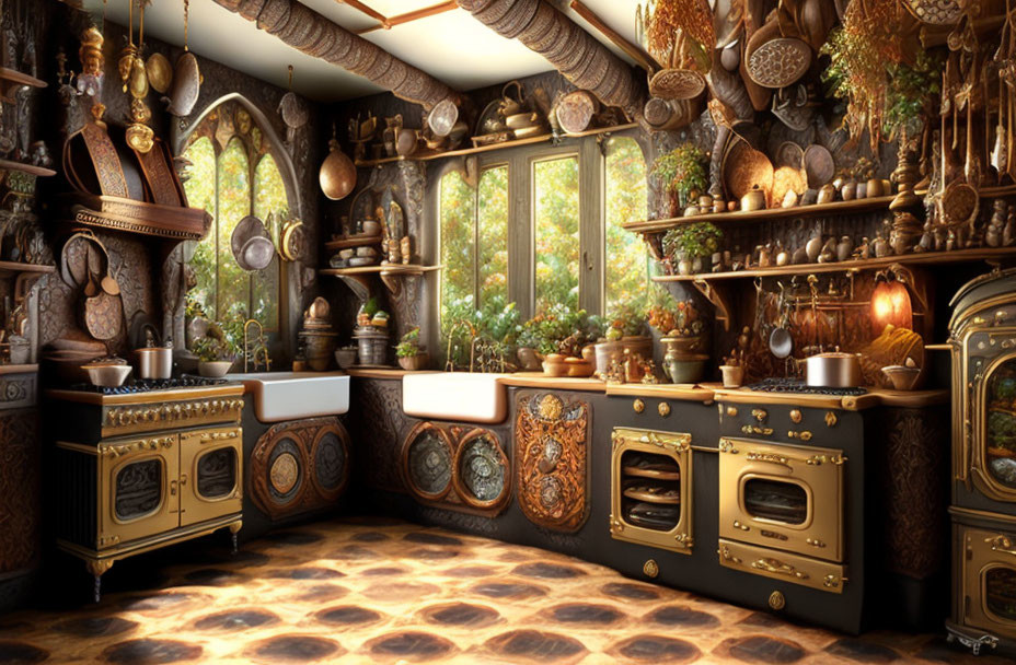 Luxurious Vintage Kitchen with Gold Accents, Wood Carvings, and Copper Utensils