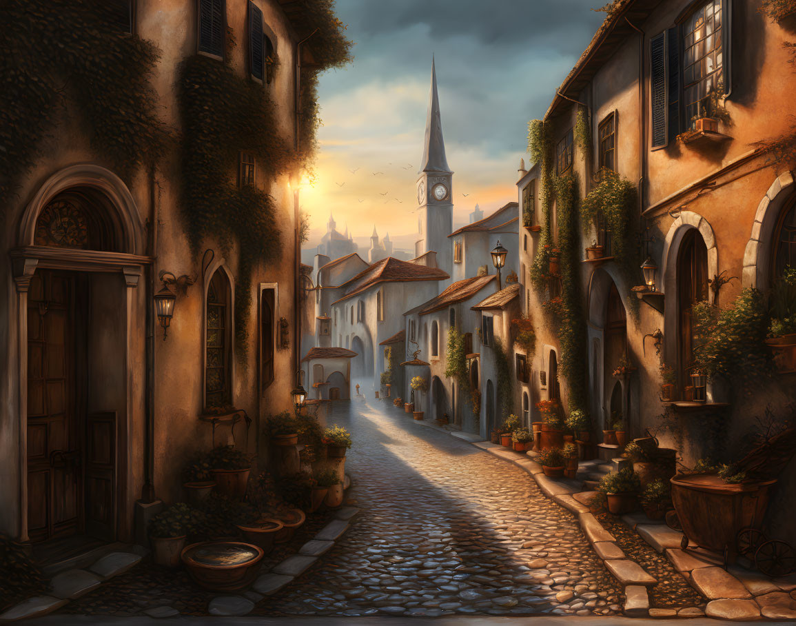 Old European Village Cobblestone Street at Sunset