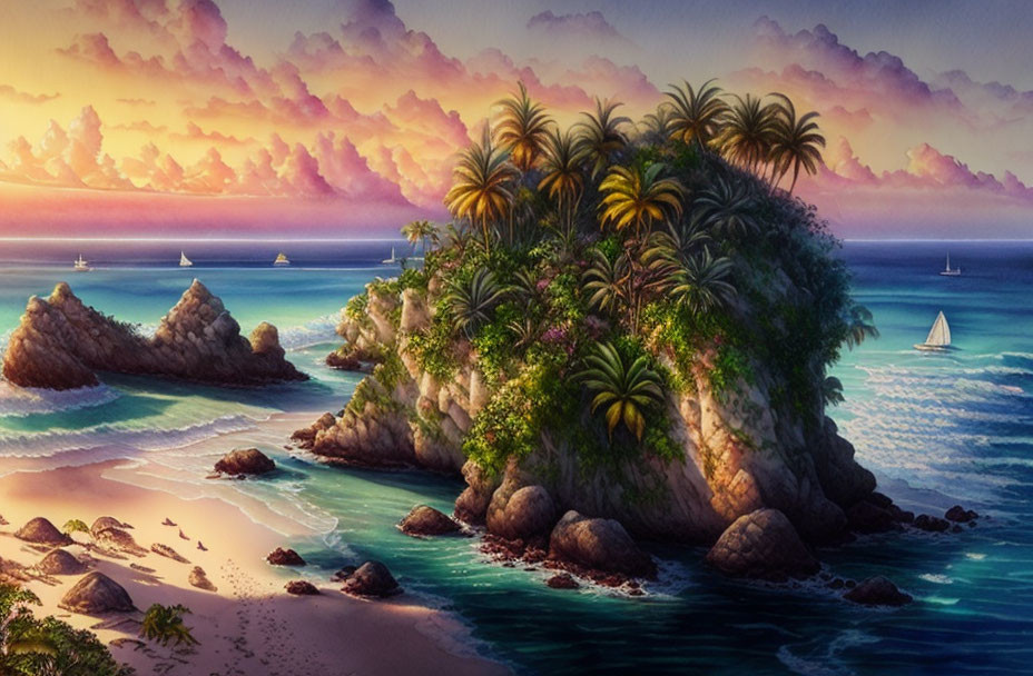 Tropical island paradise with palm trees, turquoise waters, sandy shores, and vibrant sunset sky.