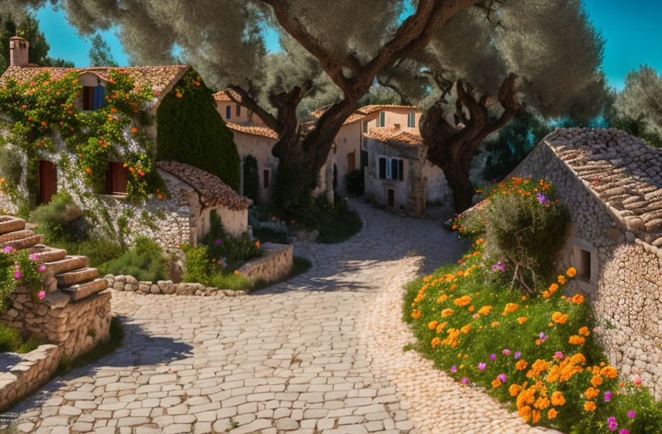 Picturesque cobblestone lane with stone houses, gardens, and trees under sunny sky