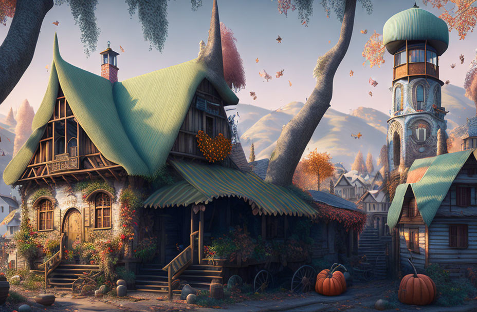 Autumn Village House with Tower, Pumpkins, Falling Leaves in Forested Hills