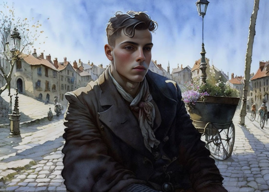 Stylish young man in brown jacket and scarf on vintage street scene