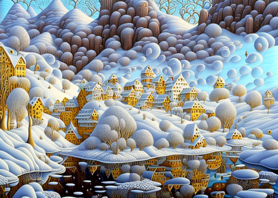 Whimsical winter landscape with stylized houses and round trees in snow-covered scene