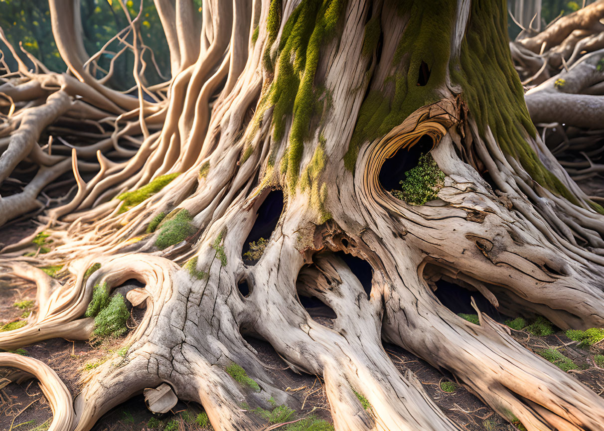 Moss-covered trunk and sprawling roots of a gnarled forest tree