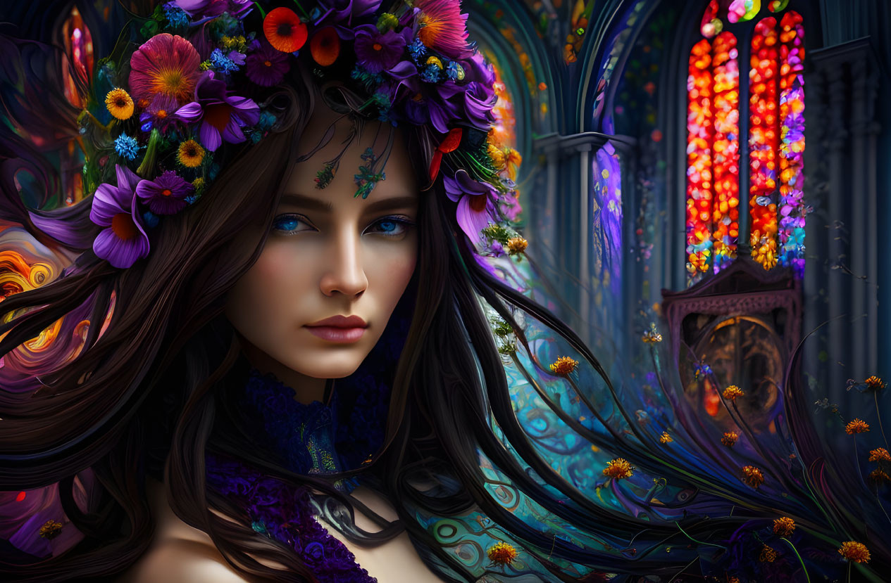 Woman with Floral Crown in Vibrant Stained Glass Setting