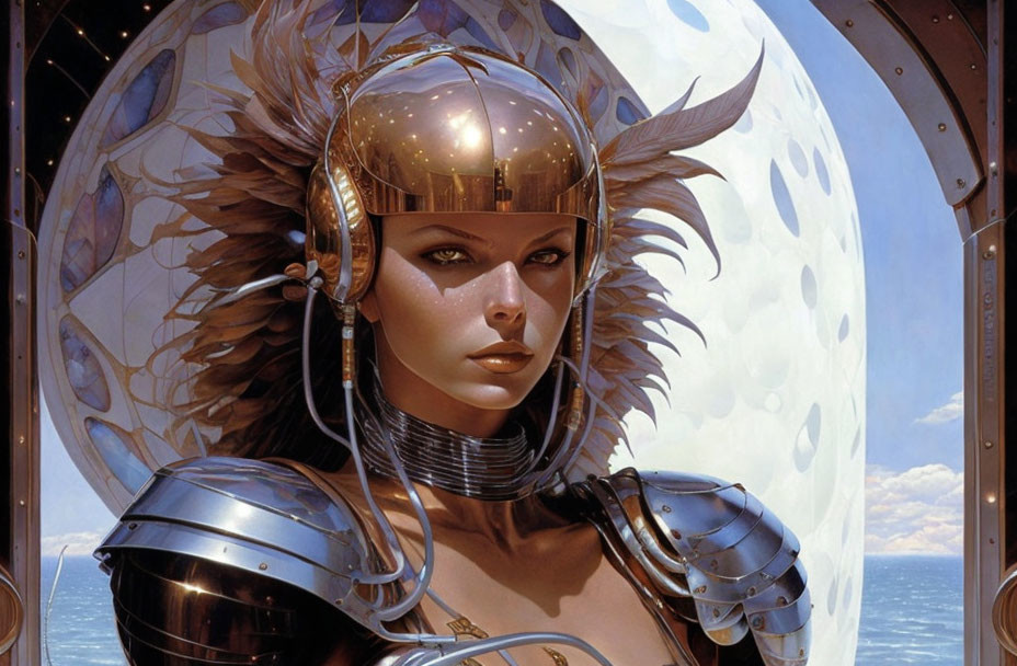 Futuristic female figure in golden armor with feather details on celestial backdrop