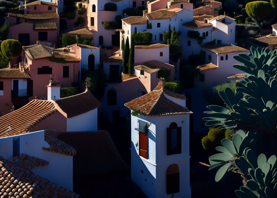 Sunset illuminates white houses with terracotta roofs in serene setting