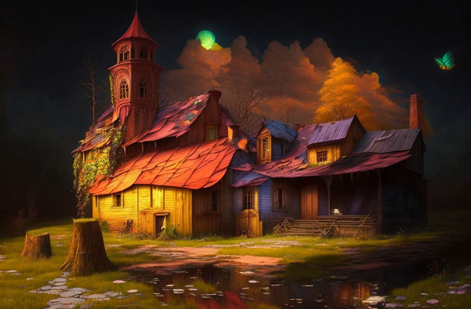 Enchanting nighttime landscape with ivy-covered house, tower, glowing butterflies.