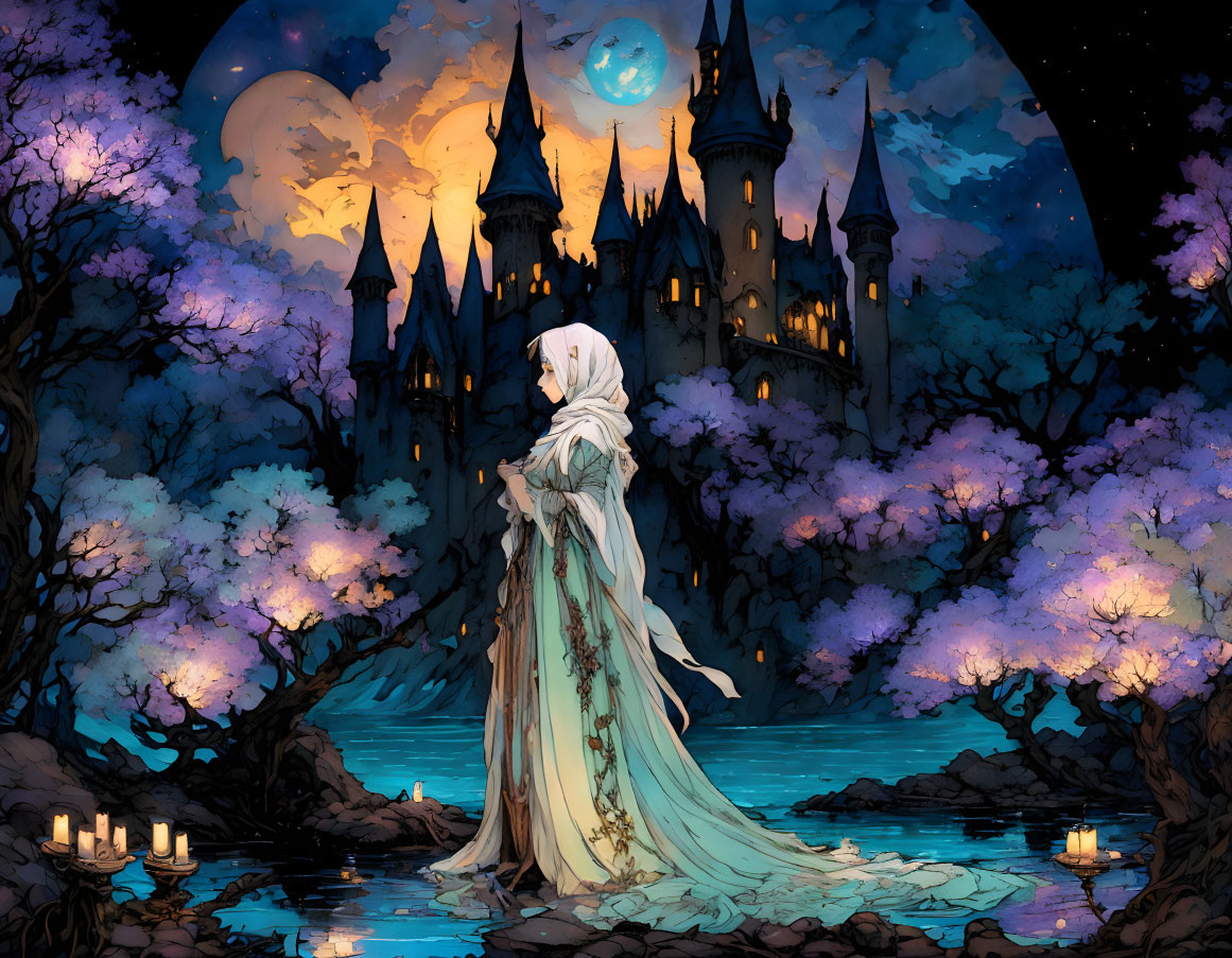 Cloaked figure at luminous castle with cherry blossoms and full moon.