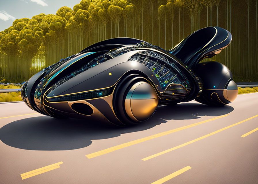 Futuristic black and gold autonomous car with illuminated circuitry design details on tree-lined road