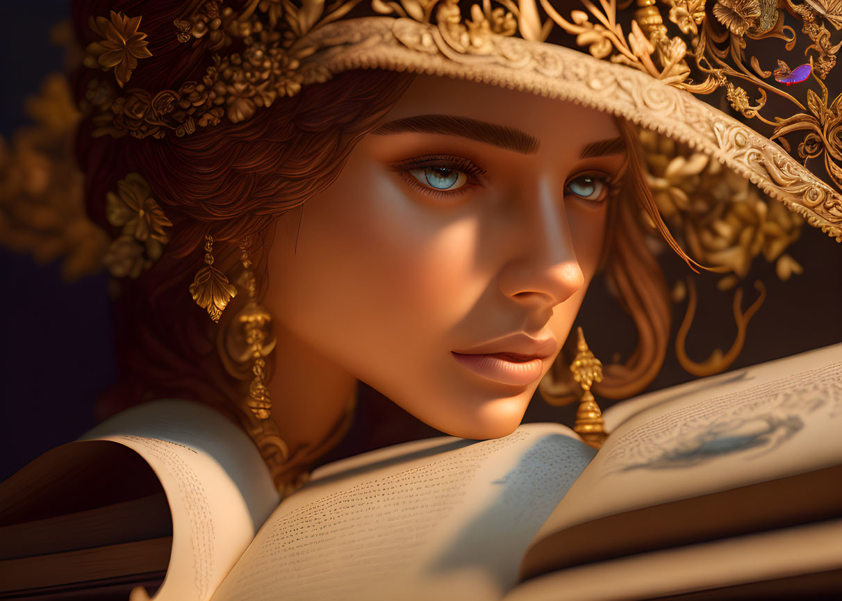 Close-up digital artwork: Woman with ornate golden headgear reading book