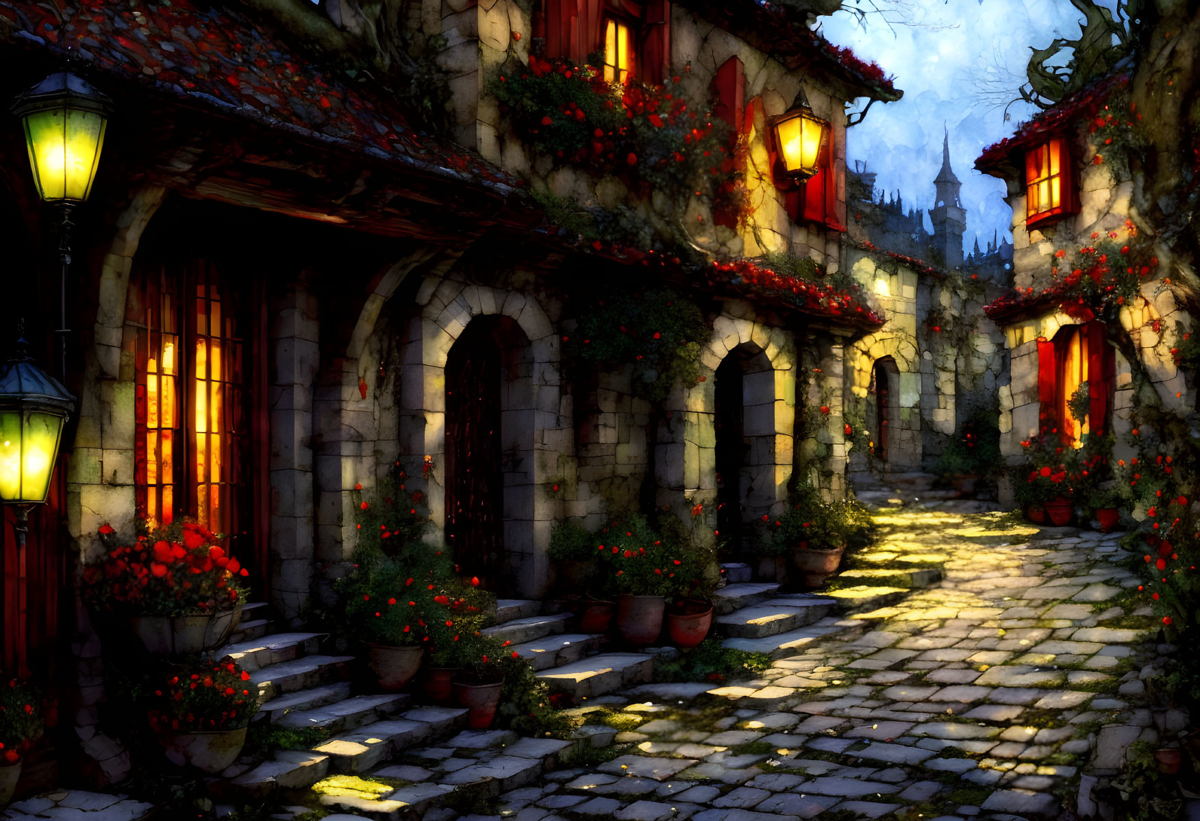 Twilight scene of cobblestone alley with lamps, red flowers, lit windows, and climbing iv