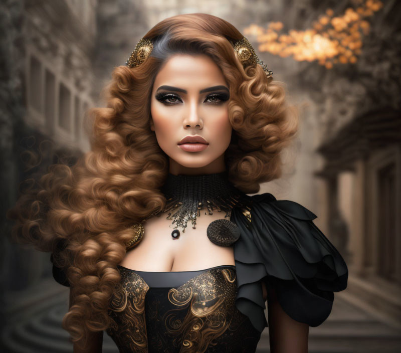 Curly-haired woman in dramatic makeup and black outfit against vintage backdrop