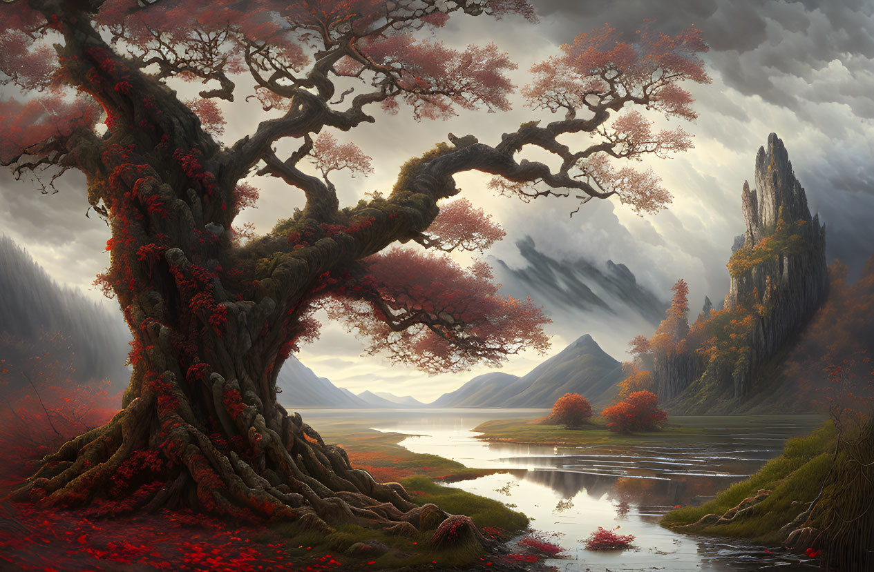 Ancient tree with red foliage by river and mountains at dusk