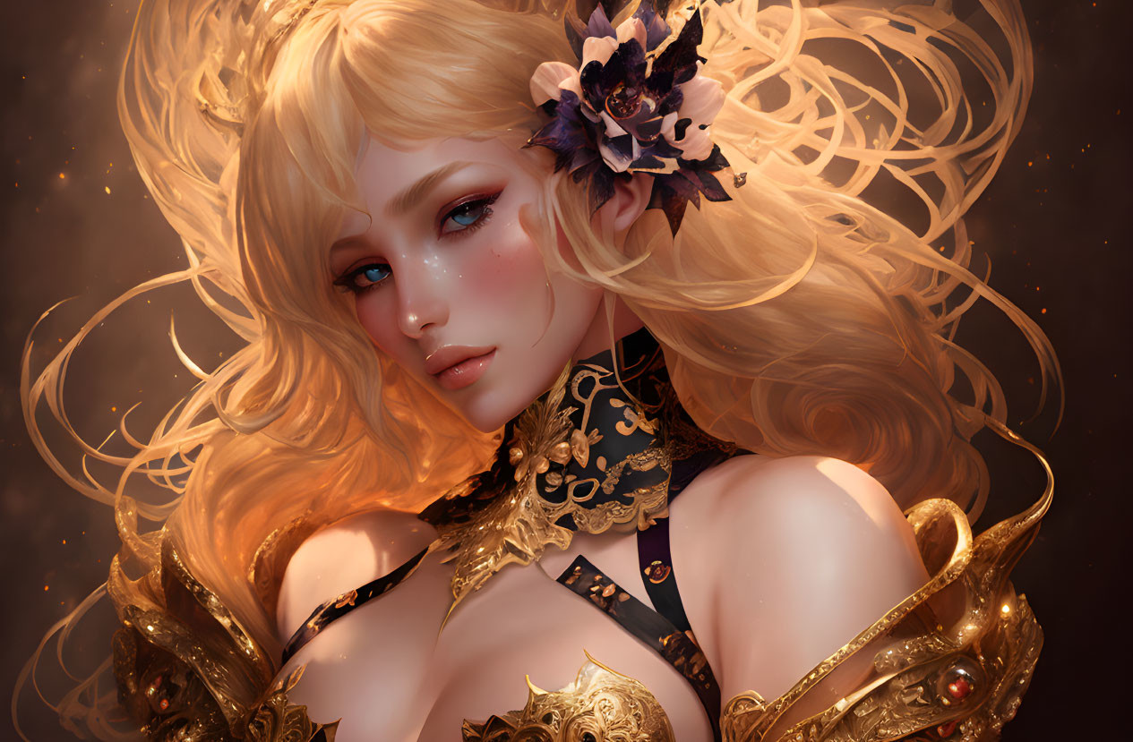 Fantasy female figure with golden hair and intricate accessories.