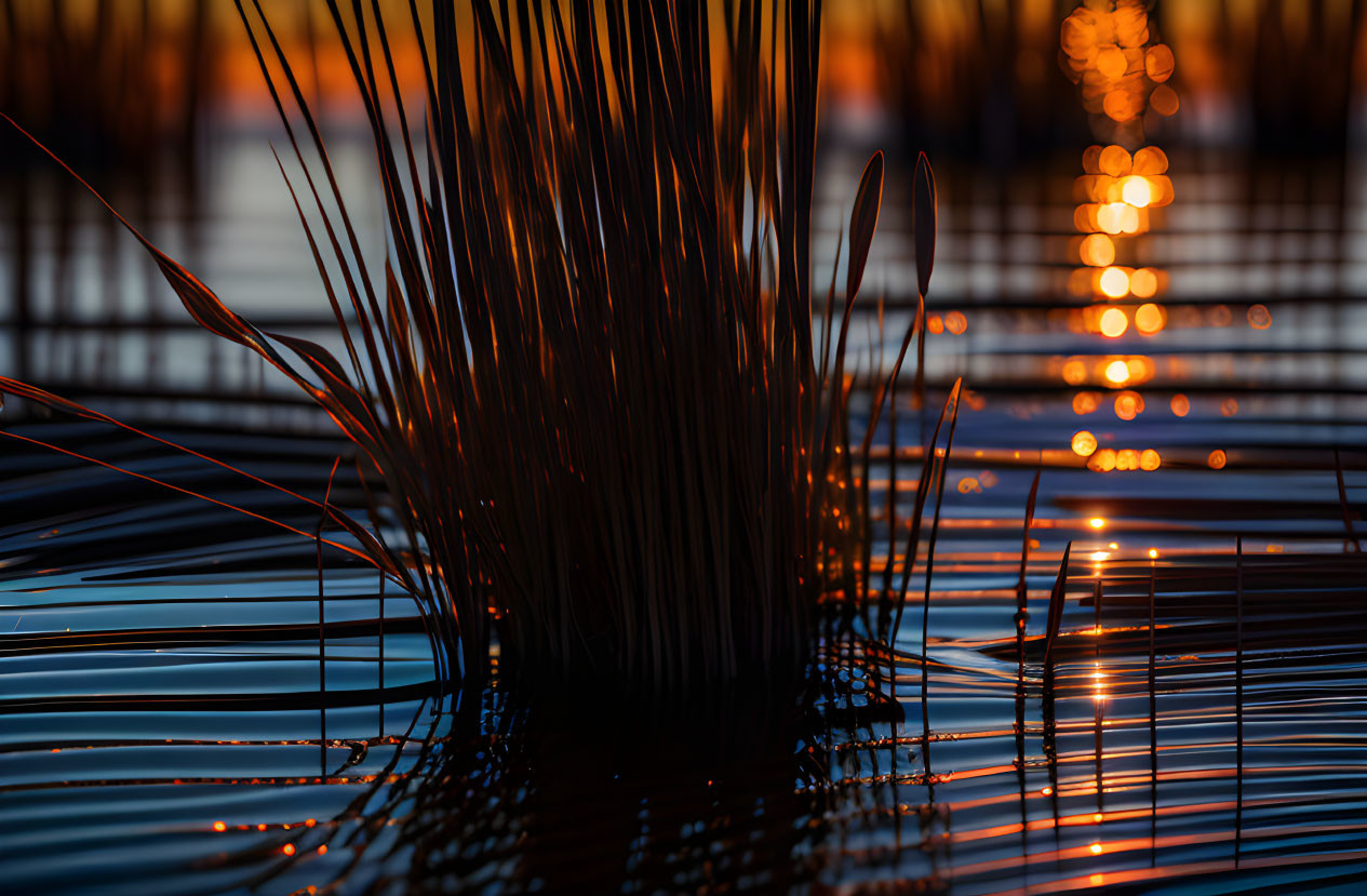 Tranquil twilight scene with silhouetted reeds and glowing bokeh reflections