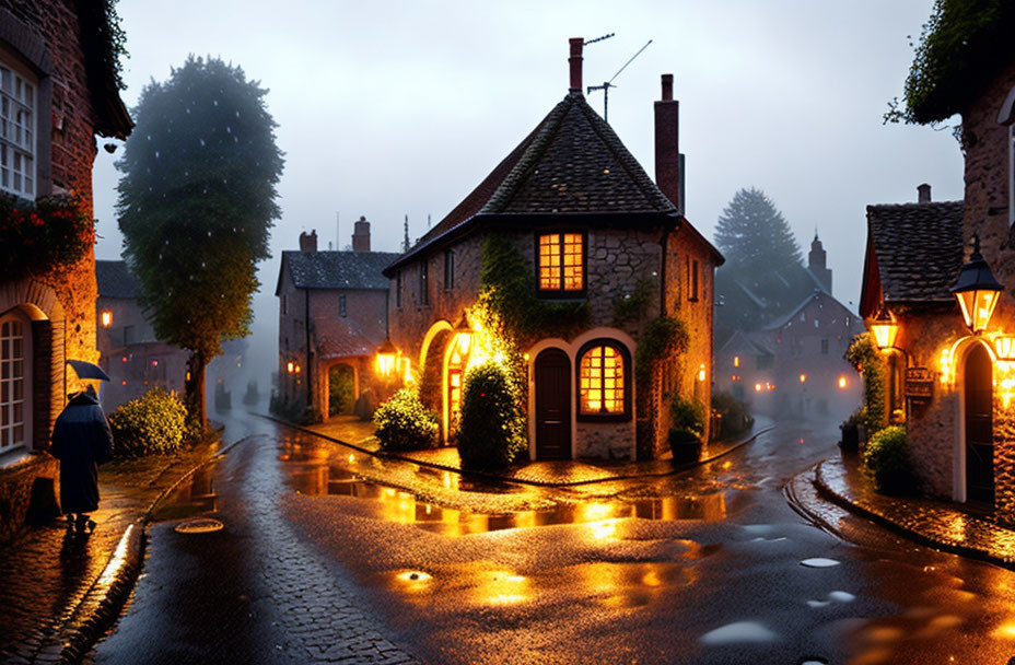 Quaint village cobblestone street at dusk with warm streetlights and person holding umbrella in misty