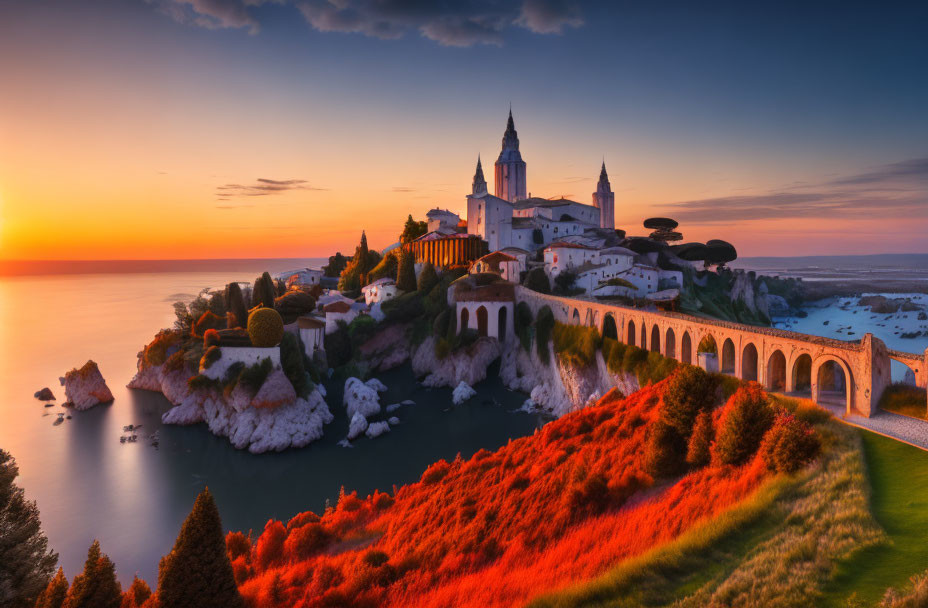 Coastal church and arched bridge in sunset scenery