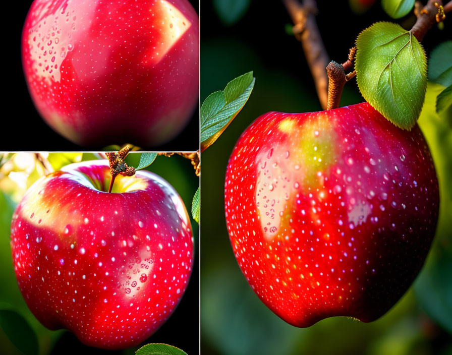 Collage of ripe red apples on tree branch with water droplets