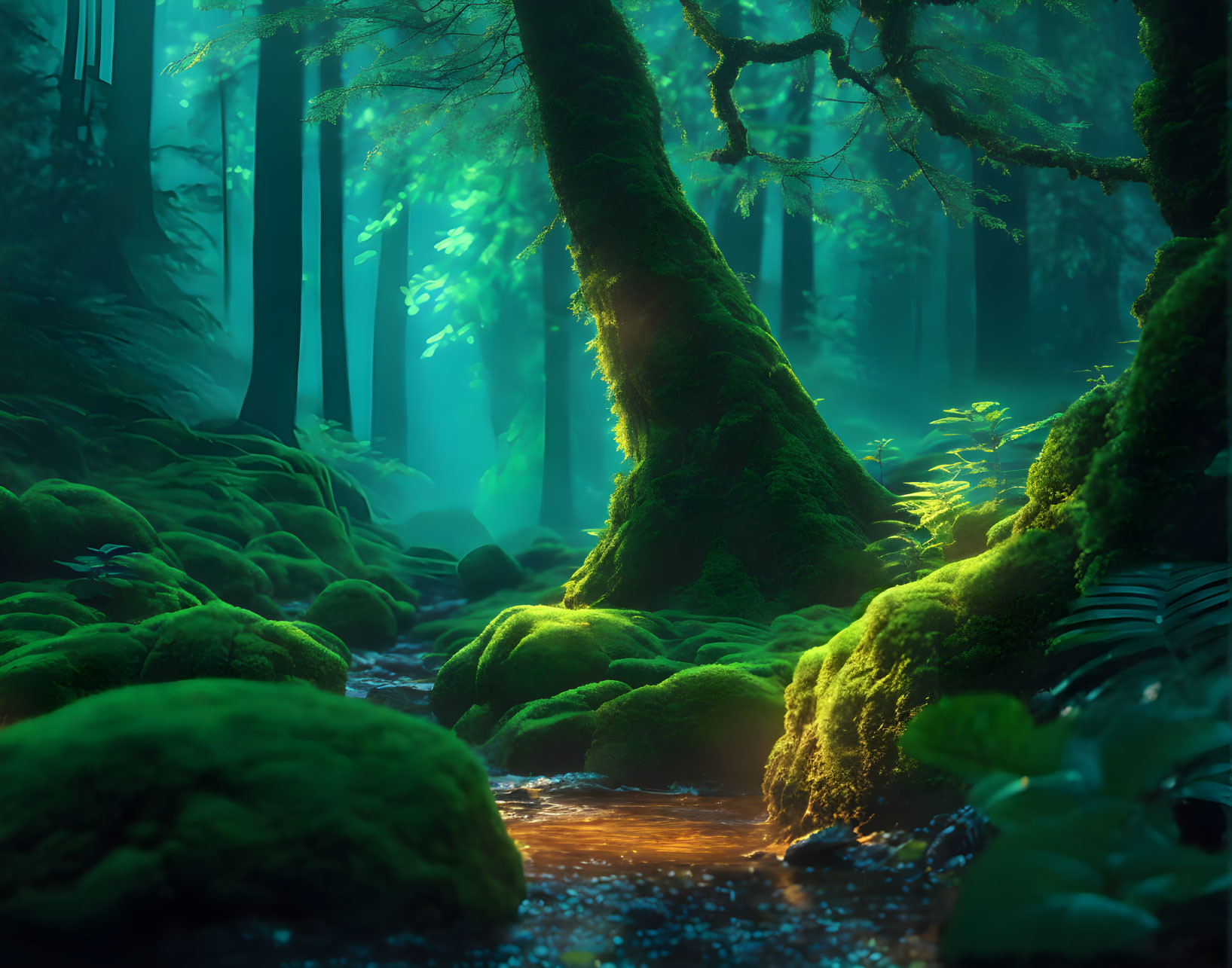 Ethereal forest with moss-covered ground and blue-green light