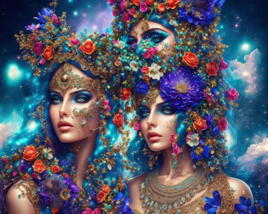 Women with floral headpieces and cosmic backdrop.