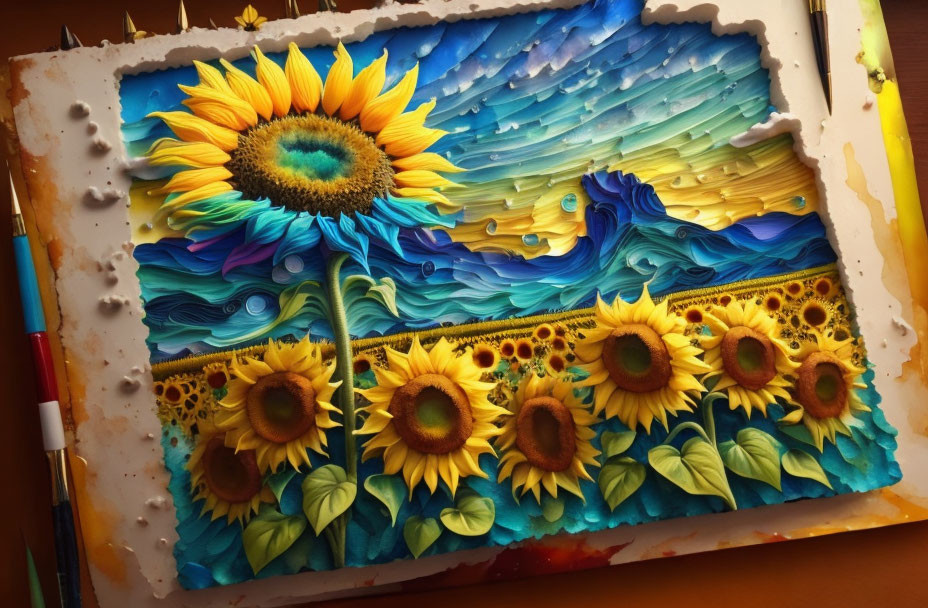 Colorful 3D paper art: Sunflowers & sailing ship on textured sea