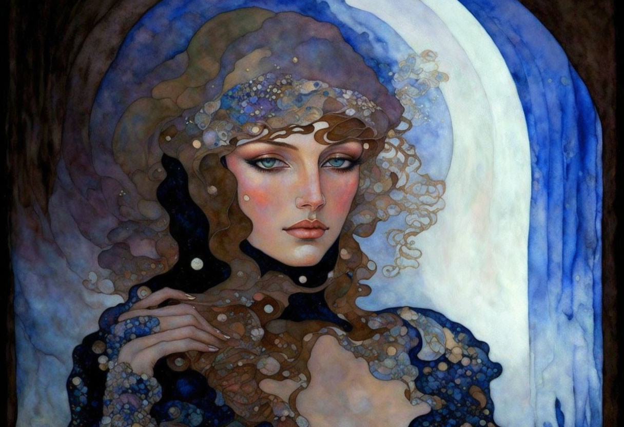 Woman with flowing hair and pearl headpiece in mystical underwater scene