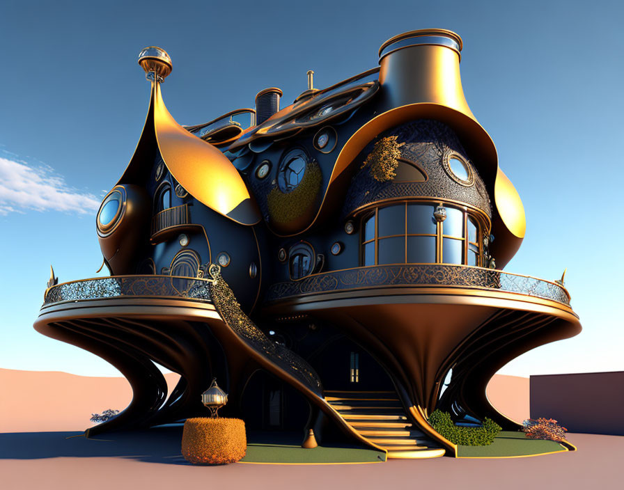 Steampunk-inspired house with bulbous architecture and clock faces at sunset