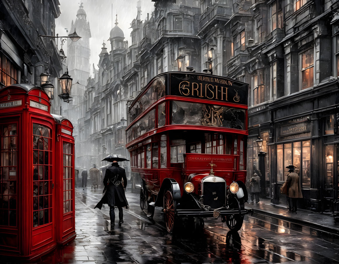 Vintage Red Double-Decker Bus in Rainy London Street with Phone Booths and Pedestrians