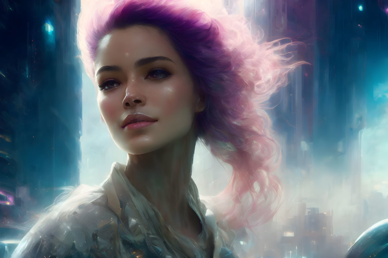 Woman with Purple Hair in Dreamy Portrait Against Futuristic Cityscape