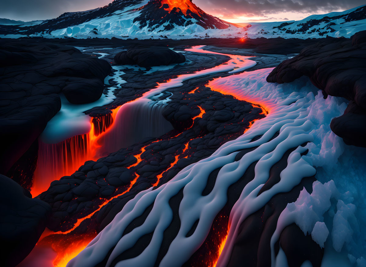 Surreal volcanic landscape with flowing lava and snow contrast