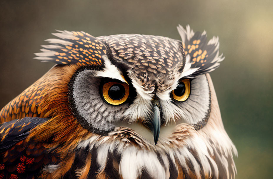 Detailed Owl Illustration with Striking Orange Eyes and Brown & White Feathers