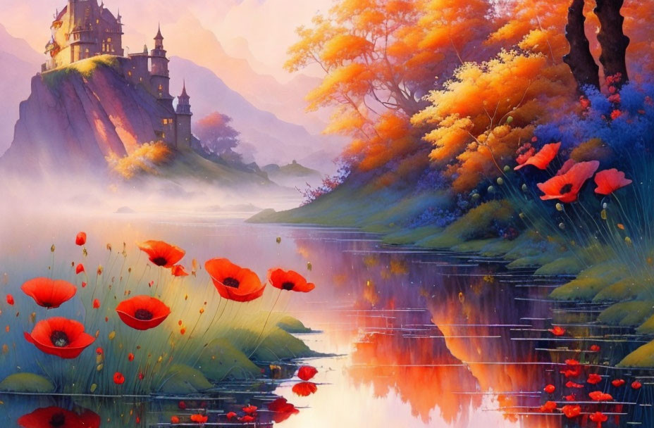 Scenic landscape with castle, orange trees, poppies, and tranquil river